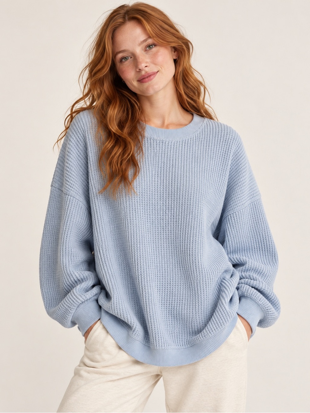 Aerie Oversized Waffle Knit Crewneck Sweatshirt Light Blue XS